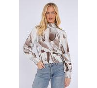 Grey Abstract Print Shirred Waist Cropped Top Love Sunshine Grey M