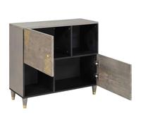 Grey and Gold Solid Mango Wood Sideboard 80 x 33 x 75 cm with 2 Hinged Doors, Brass Knobs, Storage Space and Modern Design for Living Room and Storage