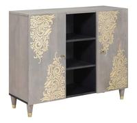Grey and Gold Solid Mango Wood Sideboard 90 x 33 x 75 cm with Storage Space and Brass Accents for Living Room Modern Lowboard and Storage