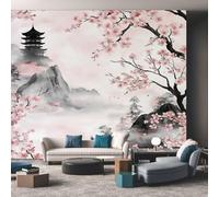 Grey and Pink Mural Wallpaper, Japanese Cherry Blossom Wallpaper for Bedroom, Living Room, TV Backdrop, Office, 3D Large Wall Mural Non-Woven Wall Paper 350 x 256 cm (WxH) Qii54