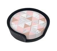 Grey And Pink Rose Gold Marble Diamond,Set of 6 Round Coasters, Pu Leather Drinks Coasters with Holder for Home Office Kitchen