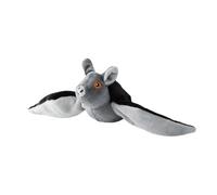 Grey and White Bat Dog Toy with Extended Wings and Orange Eyes Detail | The bat shaped toy has outstretched grey wings, a white underside, pointed ears and small orange eyes on its head.