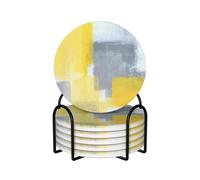 Grey And Yellow Abstract Art Painting,Round Ceramic Coasters, Mugs Pad, Cups Mat Set of 6 Drinks Coasters With Holder