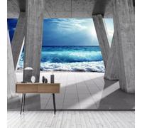 Grey Architecture Space Sea Blue Sky Modern 3D Wallpaper Premium Textured Silk Neutral Tones Material Ideal for Living Room Bedroom-350cm×256cm