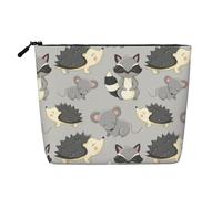 Grey Background Hedgehogs Mice Raccoon, Cosmetic Bag Imitation Linen Makeup Bag Portable Travel Toiletry Bag