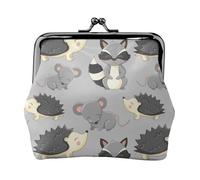 Grey Background Hedgehogs Mice Raccoon, PU Leather Coin Purse, Small Wallets, Change Pouch with Kiss Lock Clasp Buckle, Change Purse