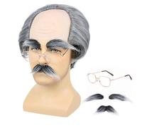 Grey Bald Head Wigs Halloween Old Man Costume Wigs Set With Mustache Eyebrows Glasses Grandpa Costume Accessories Scientist Professor Wig Cap Cosplay Party Fancy Dress