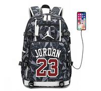 (Grey) Basketball Player Jordan Logo Backpack USB Taptop Ruckpack Kid Student School Bag
