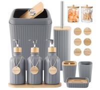 Grey Bathroom Accessories Set 17PCS Bathroom Set with Trash Can 3PCS Lotion Soap Dispenser, Toothbrush Holder, Soap Dish,Tumbler Cup,6PCS Wood Tags Bath Accessories with Tray for Bathroom