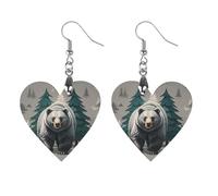 Grey Bear Pine Tree Silhouette Pattern Wooden Earrings for Women, Vintage Elegant Wood Jewelry, Lightweight Earrings for Wedding, Party, Everyday Jewelry Gift, Love, Wood, wood