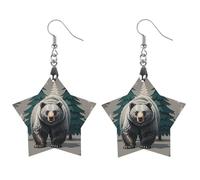 Grey Bear Pine Tree Silhouette Pattern Wooden Earrings for Women, Vintage Elegant Wood Jewelry, Lightweight Earrings for Wedding, Party, Everyday Jewelry Gift, Star, Wood, wood