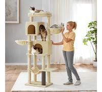 175 cm Tall Cat Tree with 5 Scratching Posts, Sand Beige