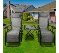 (Grey) BIRCHTREE Set of 3 Sun Recliner Foldable Chair&Table Patio Garden Beach Lounge