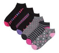 (Grey & Black 6 Pairs, UK 4-8) Red Tag Ladies Trainer Liner Sport Socks Plain Patterned Black Cotton Rich Size 4-8