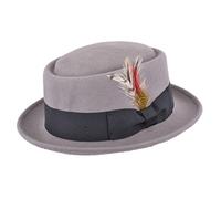 Grey Black Band Unisex Superb Foldable Pork Pie Trilby Hat with Matching Band and Removable Feather 100% Wool Hand Made (L)