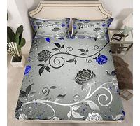 Grey Black Blue Bed Sheet Set for Boys,Girls Modern Floral Rose Bedding Sheets Single Size,Chic Botanical Bedding Fitted Sheet Kids Teen Branch Abstract Bed Cover,Modern Creativity