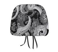 Grey Black Octopus Tentacles On Black 2PCs Universal Car Seat Headrest Protector Covers, Soft Car Headrest Cover Interior Accessories Decoration Fit Most Cars Vehicles