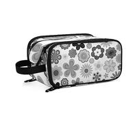 Grey Black Vintage Flowers in 1960s, 1970s Women's Portable Makeup Bag with Handle, Cosmetic Bag, Travel Cosmetic Bag Durable Toiletry Storage Organizer 11 x 7 x 5.7 inch