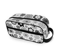 Grey Black Vintage Flowers in 1960s, 1970s Women's Portable Makeup Bag with Side Handle, Zipper Cosmetic Bag, Men's Travel Cosmetic Bag, Toiletry Bag 10 x 4.5 x 4.9 inch