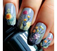 Grey-Blue Gradient 3D Floral Press On Nails with Oval Shape - Short Nude Artificial Nails, Stickers UV Gel Wraps, Full Cover Stick On for Everyday and Party Wear, Elegant Handmade Floral Design,