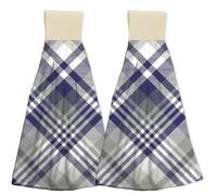 Grey Blue Plaid Hanging Tea Towels With Loop for Kitchen, Coral Fleece Bath Towel Set of 2, Soft Absorbent Decor Hand Towels for Bathroom Face Towel Coffee Tea Kitchen Handle