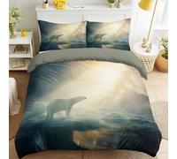 Grey-Blue Queen Duvet Cover Set, Surreal Glacier Polar Bear Sunlight Mysterious Bedding Set Ultra-Soft Brushed Microfiber 230 x 230 cm Quilt Cover with Pillowcases (Adult/Teen/Kid)
