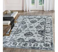 Grey Bordered Floral Rug For Bedroom, & Living Room, 7mm Thick Stain-Resistant Traditional Rug - 160Cm X 230Cm