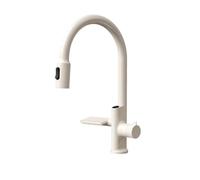 Grey Brass Kitchen Faucet with LED Display, Pull Out Hot Cold Mixer Tap, Double Connection Valve,Flow Control(Bianco)