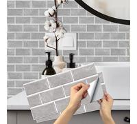Grey Brick Tile Stickers, BYLife 12pcs Peel and Stick Wallpaper Transfers Sticker for Kitchen Bathroom Self Adhesive Vinyl Splashback Wall Tile for Home Decor 15x30 cm