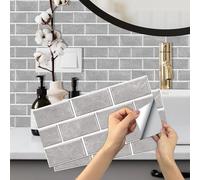 Grey Brick Tile Stickers, BYLife 18pcs Peel and Stick Wallpaper Transfers Sticker for Kitchen Bathroom Self Adhesive Vinyl Splashback Wall Tile for Home Decor 15x30 cm