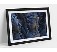 Grey Buddha Statues, Asian Photography Framed Wall Art Print Picture - A4 - Black Frame