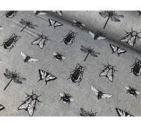 Grey Bugs & Insects Fabric for Curtains Upholstery Dressmaking Bee Moth Butterfly Dragonfly Print 100% Cotton Material - 140cm Wide (Sold by The METRE)