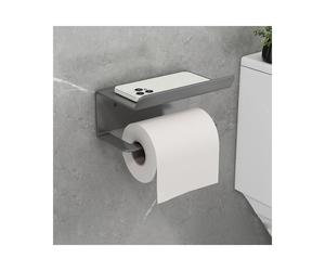 (Grey) Carbon Steel Wall Mounted Bathroom Toilet Paper Roll Holder Mobile Phone Storage Shelf