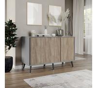 Urbn-Living Urbnliving 3-Door Sliding Cabinet Sideboard Grey Carcass With Oak Doors Storage Organiser Home Cupboard Black Wooden Legs