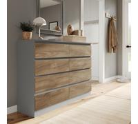 (Grey Carcass + Oak Drawers) Modern Wide Wooden Chest of 8 Drawers Bedroom Furniture Storage Bedside Cabinet