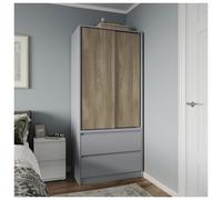 Urbn-Living Urbnliving 2 Sliding Doors Wardrobe 2 Drawer Bedroom Clothes Hanging Rail Grey Carcass With Oak Doors Storage Cupboard