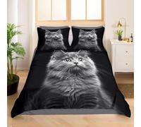 Grey Cat King Size Duvet Cover Sets Animal Patterns Bedding Set 3D Print Soft Microfiber Quilt Covers 230x220 cm with Zipper Closure and 2 Pillowcases 50x75 cm for Adults K.1929