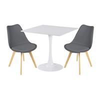 (Grey Chairs) Charles Jacobs White Square Ceramic Dining Table & 2 Tulip Design Chairs Dining Set Seat Dinner Kitchen