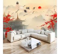 Grey Chinese Style Wildflowers Wallpaper - Architecture Flowers White Cranes Print Paste The Paper Application, 250 x 175 cm for Walls Living Room Lounge Bedroom Hallway Feature Wall