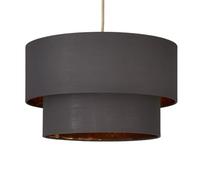 Grey Cotton Fabric 2 Tier Vintage Easy Fit Round Drum Pendant Shade | Gold Inner Hard Lined | 36cm Diameter (14") | None Electrical | Fits All Lampholder Types E14 E27 B15 B22