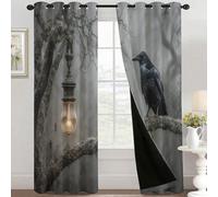 Grey Crow Blackout Curtains, Gothic Raven Curtains for Bedroom Living Room, 66x72 Inch Drapes, Eyelet Thermal Window Treatments, 2 Panels E227