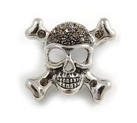 Grey Crystal Skull & Crossbones Brooch In Aged Silver Tone/ 28mm Tall