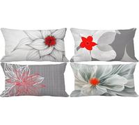 Grey Cushion Covers 50 x 70 Flower Outdoor Cushions Waterproof Linen Set of 4 Rectangle Decorative Pillows with Smooth Invisible Zip for Livingroom Fall Outdoor Patio Garden Bench Decor Gifts 2u-20N