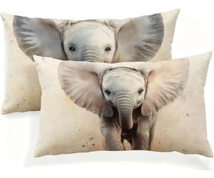 Grey Cushion Covers 60cm x 90cm Pack of 2 Rectangular Waterproof Linen Outdoor Cushions Elephant Decorative Throw Pillow Cases for Bedroom Sofa Garden Patio Home Décor Large Cushions 24x34in JK-683