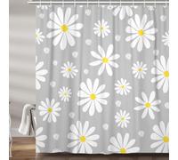 Grey Daisy Floral Shower Curtain, Cute Boho White and Gray Groovy Retro Flower Fabric Shower Curtains Set for Girls Bathroom Decorative, Aesthetic Restroom Decor Accessories with Hooks 72X75 Inch