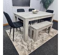 Grey Dining Table 4 Black Tufted Velvet Chairs and 1 Bench Dining Set