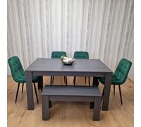 Grey Dining Table and 4 Green Velvet Tufted Chairs with 1 Bench