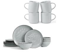 Grey Dinner Set - 3D Wave Relief Irregularly Shaped 12PC Stoneware Plates and Bowls Set & Mugs Set