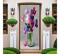 Grey Door Murals 95x215 cm Watercolor Pea Flowers Door Stickers Wallpaper Poster Waterproof Removable DIY Vinyl Self-Adhesive Art Decal Wall Sticker for Home Decoration
