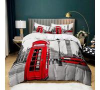 Grey Double Duvet Cover Set London Red Phone Booth Printed Quilt Cover 200x200 cm with 2 Pillowcases Soft Microfiber Lightweight Bedding Set for Kids Girls Boys Teens Room Decor